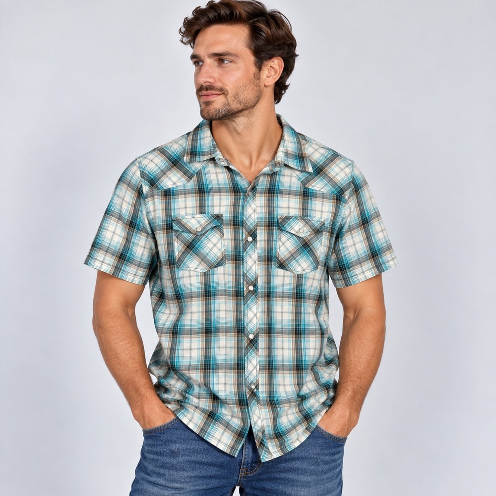 Arizona Jean Company Mens XL Teal Plaid Short Sleeve Pearl Snap Western Shirt